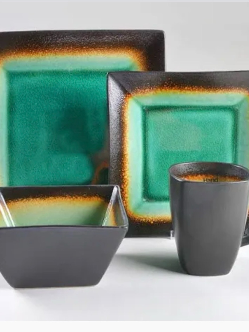 2 sets of Green Reactive Glaze Square Dinner Plate Set - Modern Home Dining (8)